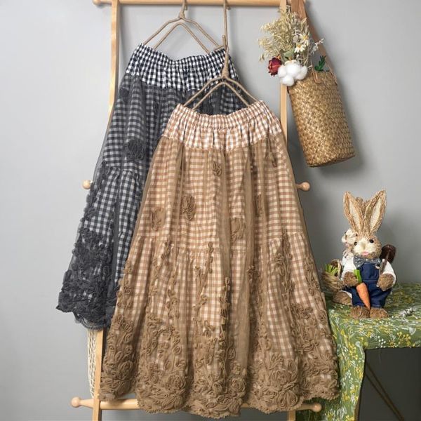 

skirts 2021 spring japanese mori girl sweet age-reducing three-dimensional tie-dye mesh check double-layer a-line skirt women, Black