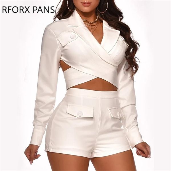 

women soild v-neck criss-cross backless with buttons shorts two piece set, White;black