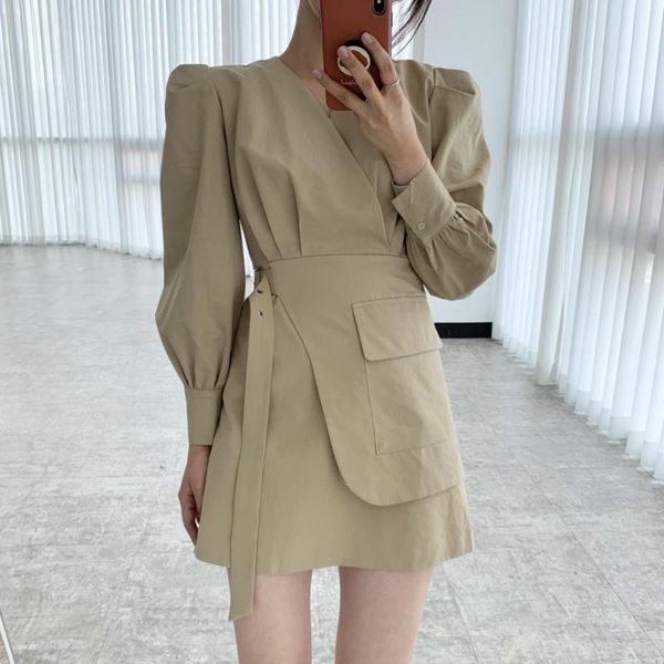 

casual dresses 2021 women autumn winter elegant lady vintage fashionable fake 2 pieces lace up pure mini dress, Black;gray