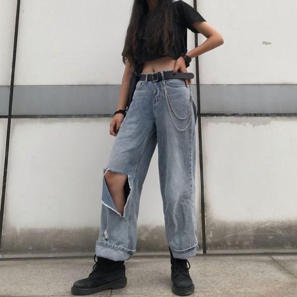 

women's jeans loose vintage woman 2021 spring summer bleached casual girlfriend hole denim wide leg pants oversize high waist jean, Blue