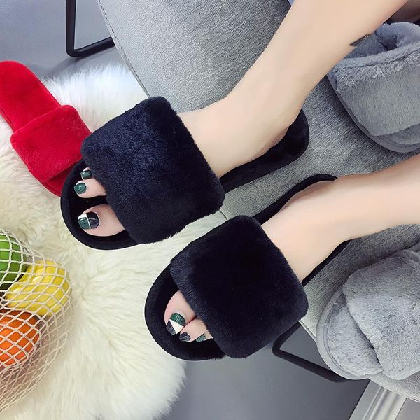 

slippers women's winter fashion plush slip on casual shoes woman ladies style indoor tenis feminino, Black
