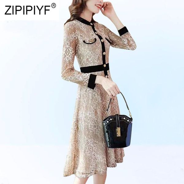 

casual dresses 2021 fashion women dress o neck long sleeve knee-length lady female a-line bodycon elegant lace solid k577, Black;gray