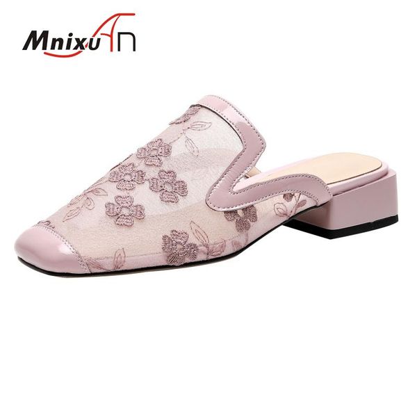 

slippers women summer low heel mules shoes 2021 genuine leather chunky heels embroidered mesh sandals pink slides big size 42 43, Black