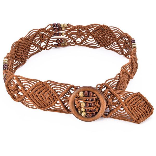 

belts manual wax rope woven wooden buckle bead belt national style waist chain, Black;brown