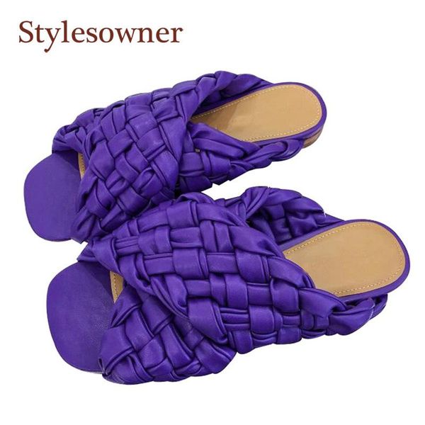 

fashion luxury genuine leather solid rome shoes women designers outside weave square toe summer mules mujer slippers, Black
