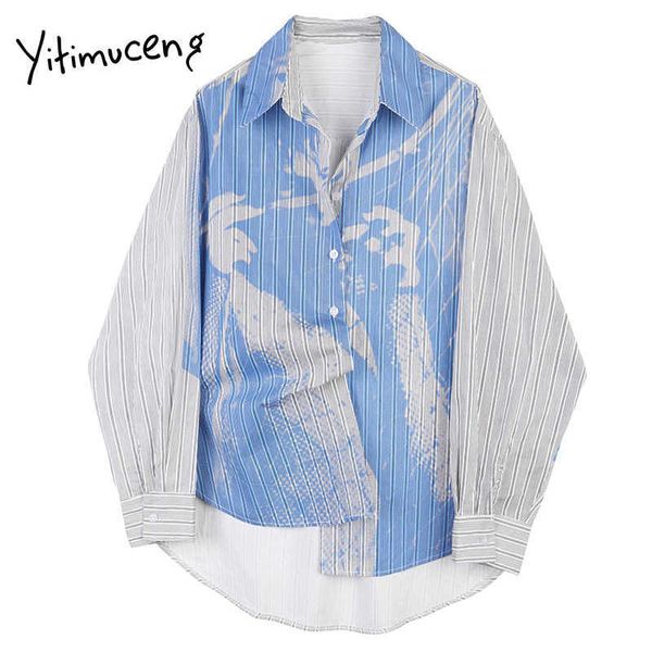 

yitimuceng striped print blouse women button shirts loose spring fashion long sleeve turn-down collar office lady 210601, White
