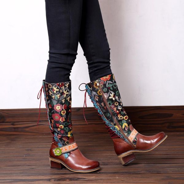 

boots sagace winter women lace shoes retro splicing floral pattern mid-calf with zipper female plus size botas mujer 2021, Black
