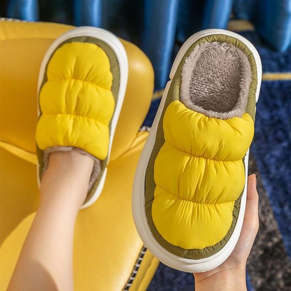 

slippers winter house warm women fur down-jacket design waterproof upper couples plush shoes home men fluffy slides eva sole, Black