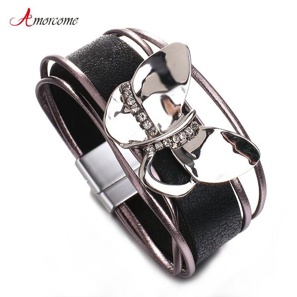 

amorcome vintage rhinestone butterfly metal charm wide wrap leather bracelet for women boho bracelets & bangles mujer jewelry, Golden;silver