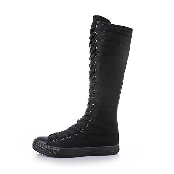 

spring autumn women shoes canvas casual high long boots lace-up zipper comfortable flat sneakers, Black