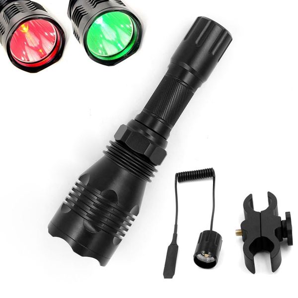 

red green blue white light hunting fishing spotlight 18650 cree led torch on/off mode mount remote control flashlights torches