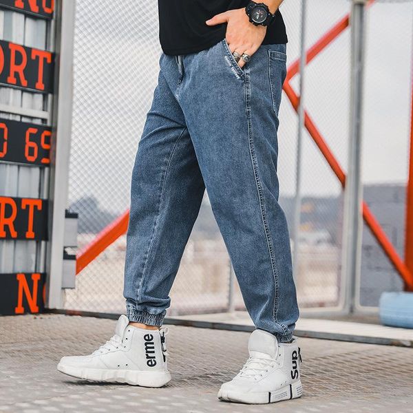 

men's pants summer large denim trousers fat closed leg versatile jeans, Black