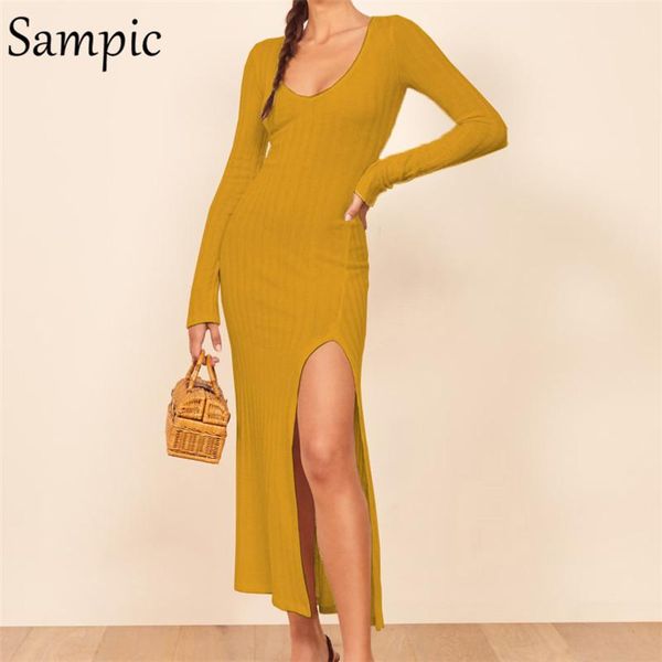 

casual dresses sampic long sleeve vintage knited dress elegant party night v neck slit black yellow women autumn maxi, Black;gray