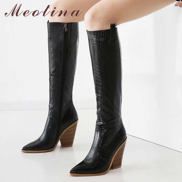 

meotina winter knee high boots women fashion strange style high heel long boots zipper pointed toe shoes lady autumn big size 210608, Black