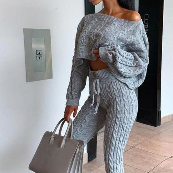 

casual knit 2 piece womens tracksuits sets autumn winter outfit long sleeve sweater pullover crop and pants female set, Gray