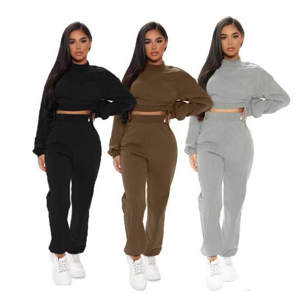

women's two piece pants turtleneck shirring crop palazzo activewear casual outfits for women loose fleece set autumn winter, White