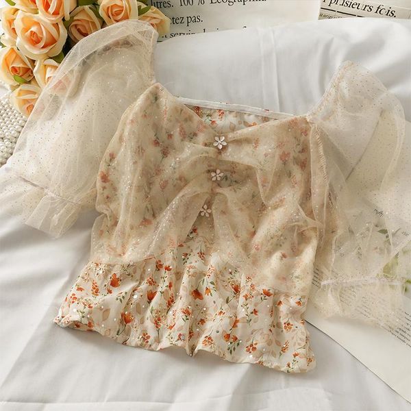 

women's blouses & shirts women fashion outdoor casual bling mesh sequins short sleeve flowers blouse ladies ol sweet girls elegant dail, White