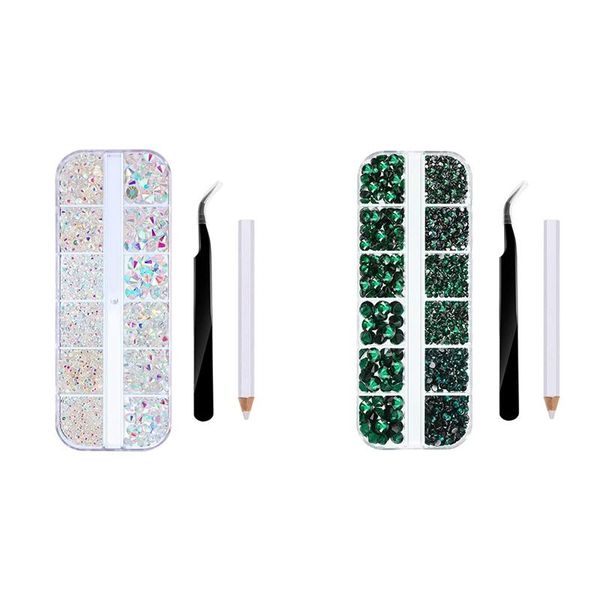 

nail art decorations 2 set flat back gems round crystal rhinestones with tweezer and picking pen diy white ab & green, Silver;gold