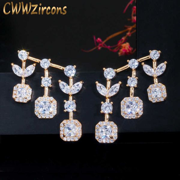 

gorgeous leaf and square drop cubic zirconia 585 gold color dangle earring for women fashion brand jewelry gift cz623 210714, Silver