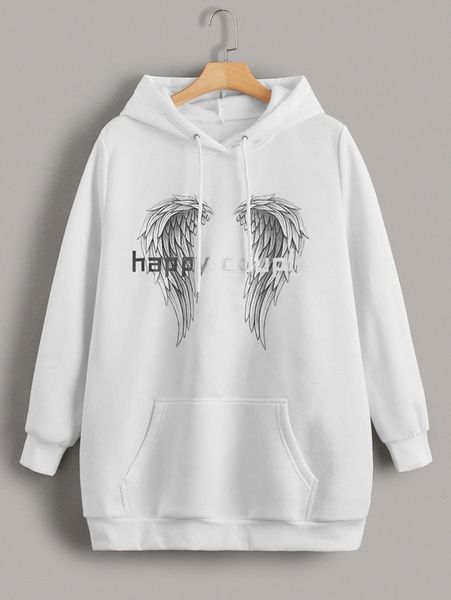 

plus letter & wings print kangaroo pocket drawstring thermal hoodie j7ie#, Black