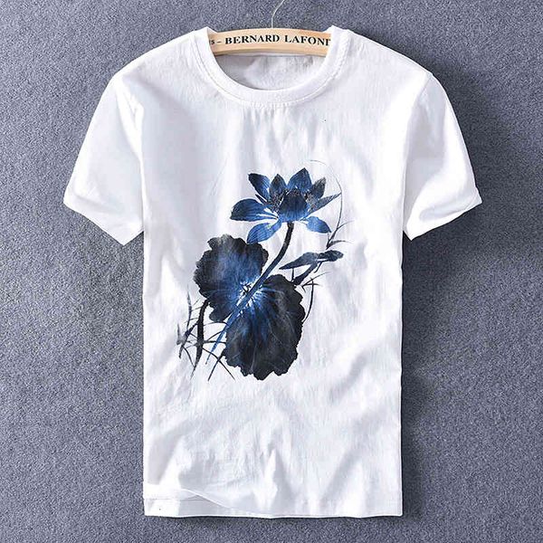 

men's t-shirts spring and summer linen t-shirt short-sleeved chinese style ink-lotus printing cotton t shirt men brand tshirt l6u6, White;black