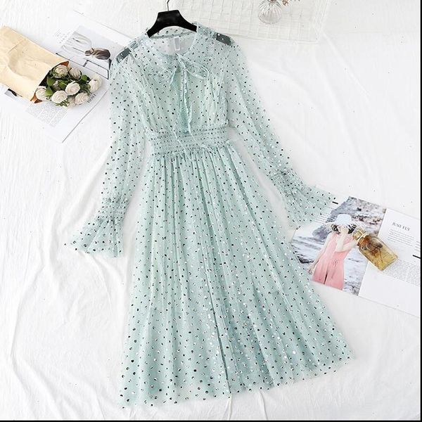 

polka dot print 2 piece womens dress set spring summer vintage sweet mesh dresses long sleeve party robe femme vestido, Black;gray