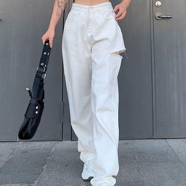 

women high waist white maxi baggy jeans side ripped hole denim straight pants harajuku hip hop casual loose trousers women's, Blue