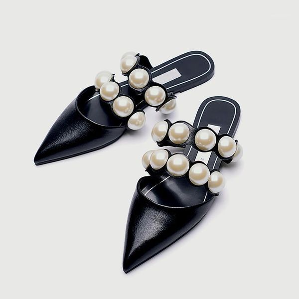 

pointed toe pearl women sandals summer outdoor slippers slip on flat sandalias mujer femme dress shoes1, Black