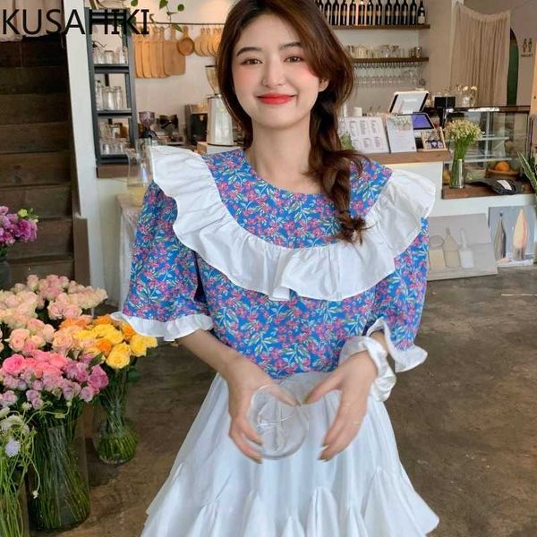 

kusahiki korean chic floral blouse ruffle patchwork sweet causal puff sleeve summer blusas mujer de moda verano 6j642 210602, White