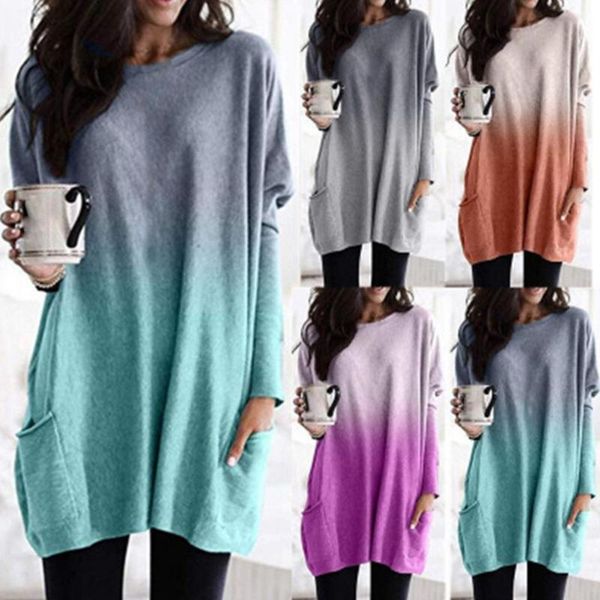 

women's t-shirt women casual o neck gradient color loose pullover blouse pockets long tunic y2k, White