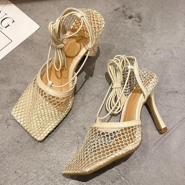 

sandals 2021 women lace solid 6cm high heels summer shoes female square toe roman lady casual cross mesh strap, Black