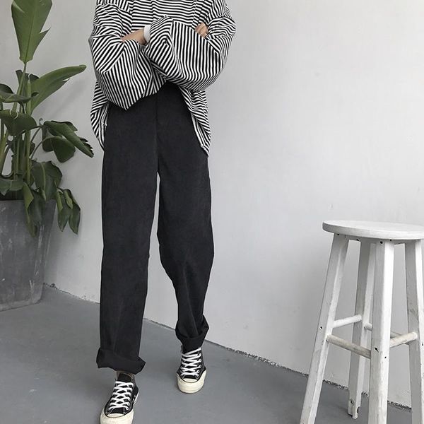 

women's pants & capris women solid high waist simple all-match korean style zipper pockets leisure soft corduroy pant womens loose trou, Black;white