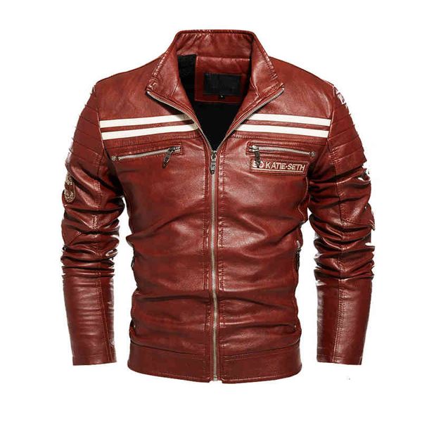 

men's leather & faux winter thicken leather jackets from motorcyclist motorcycle casual outwear male plutonium bomber stripe, Black