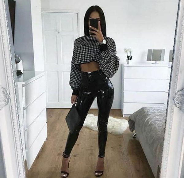 

women's pants & capris fashion women solid black high waist elastic pencil tight pu winter leather skinny, Black;white