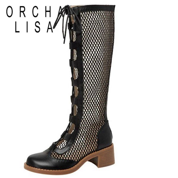

2021 summer boots cross lace up genuine leather mesh zipper female round toe square 5.5cm high heel ladies shoes, Black