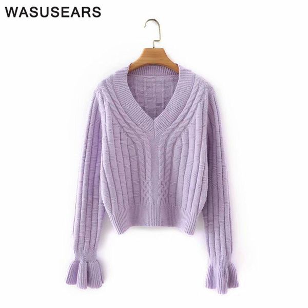 

women's sweaters women knitted pullover sweater vintage twist long sleeve v neck cropped casual purple elegant streetwear 2021, White;black