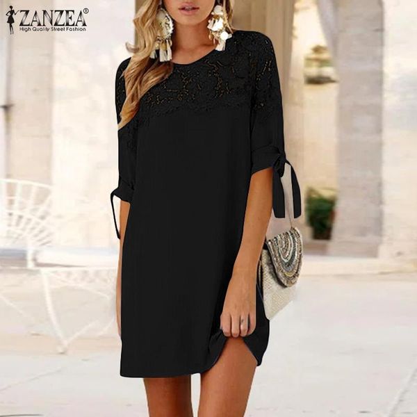 

casual dresses vintage long sleeve sundress summer elegant lace crochet patchwork dress women zanzea loose outwear solid vestidos female, Black;gray