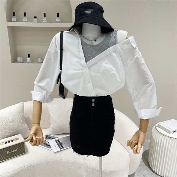 

blouses spring summer fashion niche design with seam waistcoat two parts wear shirt, White
