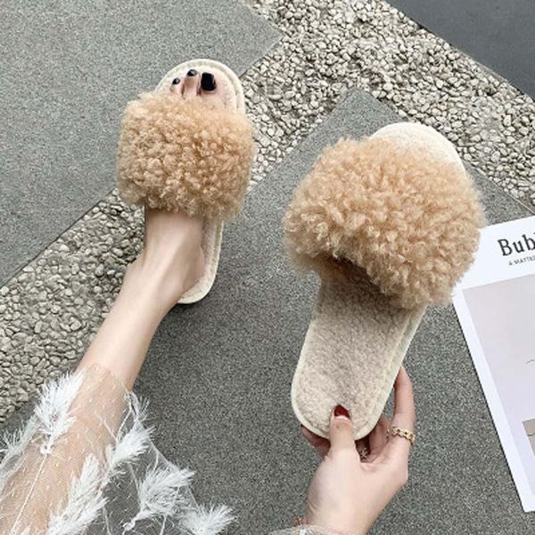 

hairy slippers female autumn korean version of the outer wear sheep curls fashionable cotton one-word, Black