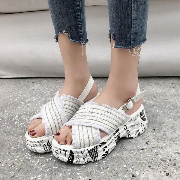 

platform sandals women wedge heels shoes buckle denim jean summer zapatos mujer canvas slippers woman sandal chunky, Black