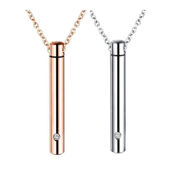 

pendant necklaces women's necklace zirconia cylinder chain stainless steel rose gold cremation pet ashes urn memorial jewelry, Silver