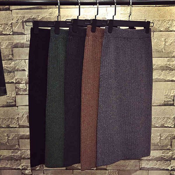 Saias de Inverno Mulheres Quentes 2020 Malha Lápis Falda Tubo Faldas Coreanas Negra Verde Marrom Vintage Falda Midi Saia Jupe Crayon X0428