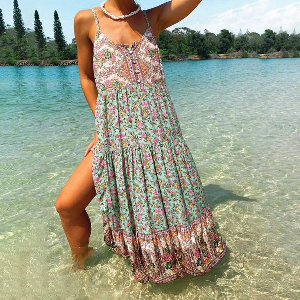 

casual dresses bohemian women suspenders sleeveless floral sling dress boho beach strap summer, Black;gray