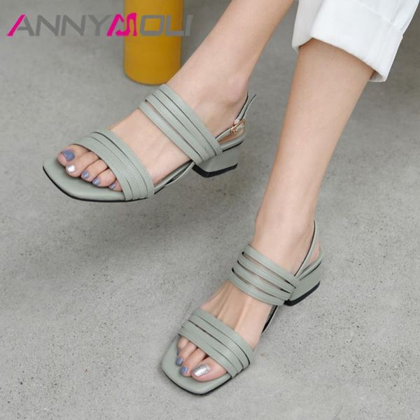 

dress shoes annymoli women narrow band mid heel sandals square toe thick heels ladies summer female green large size 43, Black