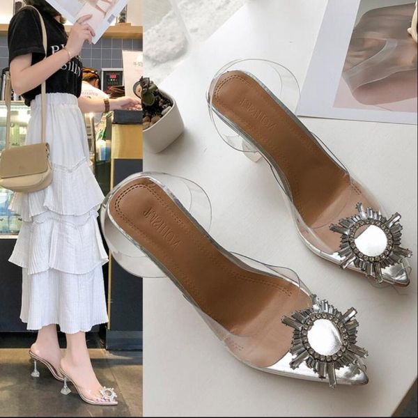 

dress shoes koovan women pumps 2021 trend transparent high heels pointed toe slip-on wedding party sandals for lady rhinestone, Black