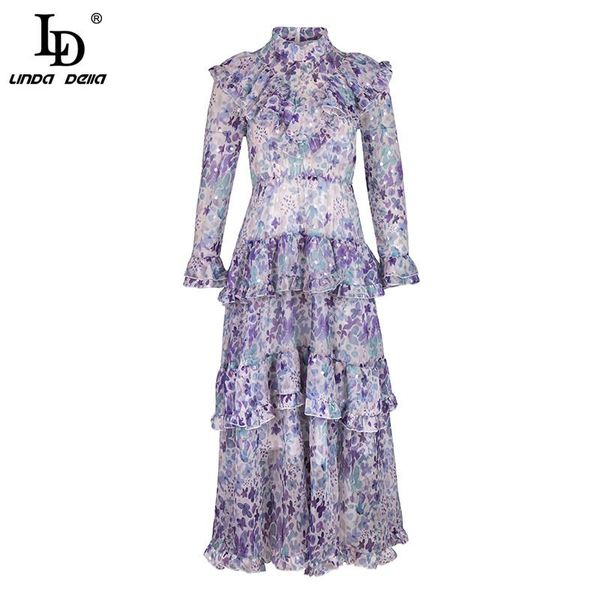 

casual dresses ld linda della fashion designer autumn chiffon dress women's long sleeve flowers print elegant bohemian holiday party, Black;gray