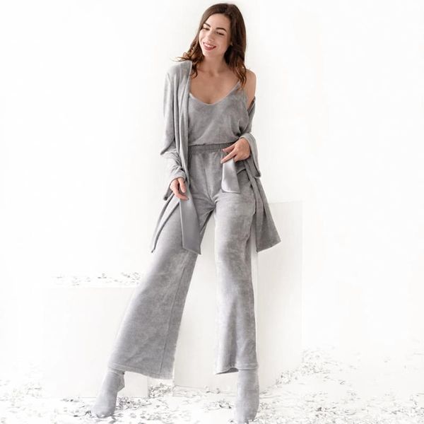 

women's sleepwear hiloc ribbed robes women pajama set woman 3 pieces camisole nightie trouser suits knitting nightgown lace up bathrobe, Black;red