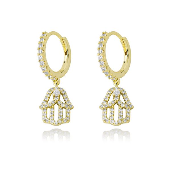 

new fashion hip hop rock stud earring 1 pair cz stone paved bling ice out hand of fatima stud earrings gifts for men and women fashion jewel, Golden;silver