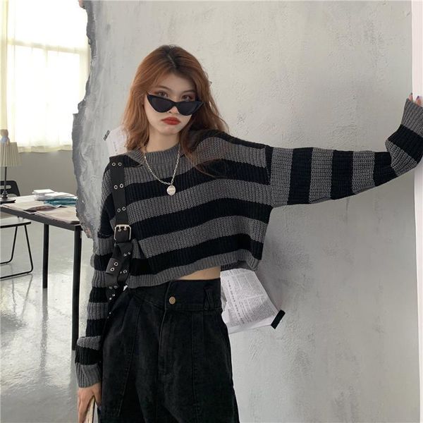 

women knitting pullovers o-neck striped full sleeves patchwork short sweaters warm ladies autumn winter fashion retro streetwear, White;black