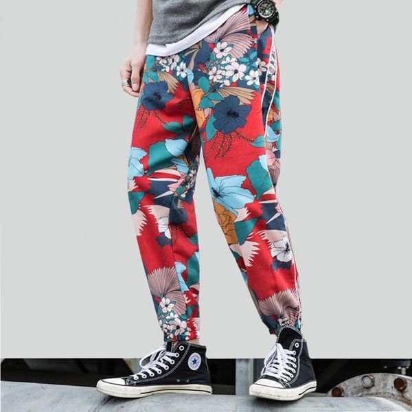 

men's pants 2021 casual male sweatpants print beach loose streetwear harem men joggers elastic waist ankle-length pant, Black